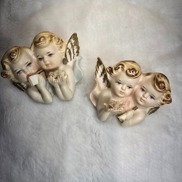 Set of 2 Vintage Sanmyro Double Angels Cherubs Japan Hand Painted Porcelain - Picture 1 of 9